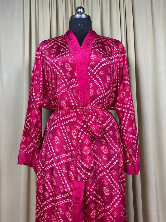 Recycle Silk Sari Women Kimono | Boho Chic Beach Cover Up Vintage Lounge Dressing Robe l Resort Wear Regal Gypsy House Robe | Red Geometric