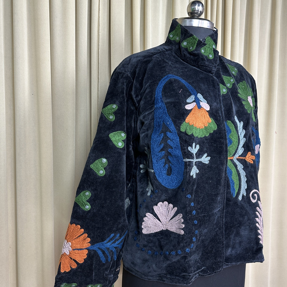 Women's Suzani embroidered Velvet Jacket in black floral