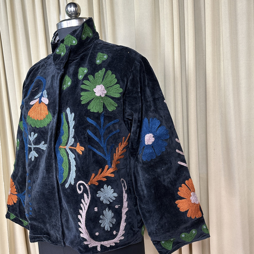 Women's Suzani embroidered Velvet Jacket in black floral