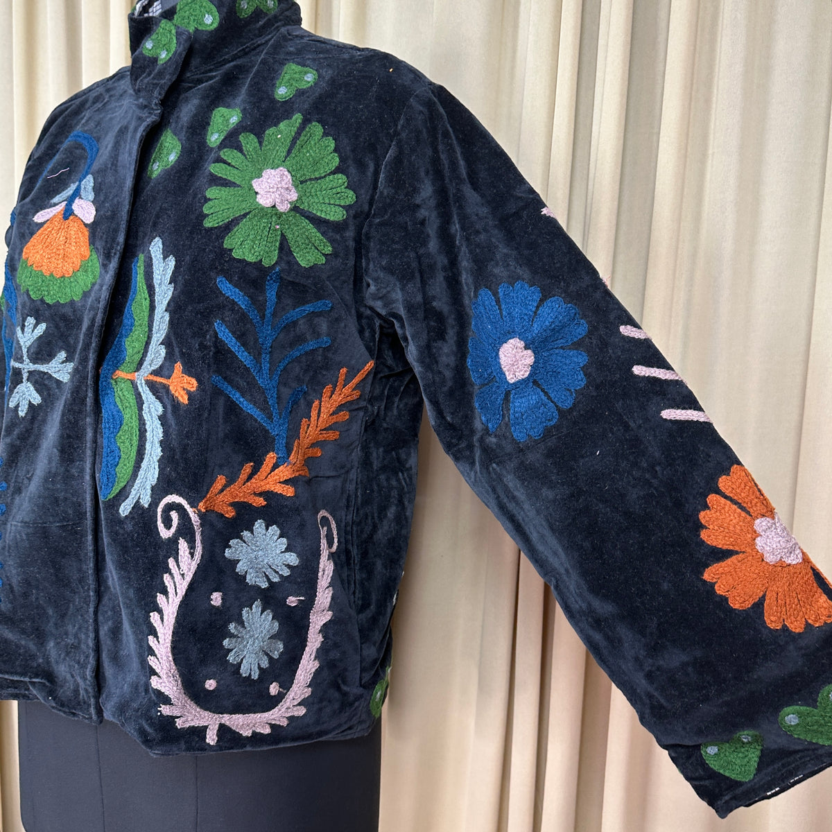Women's Suzani embroidered Velvet Jacket in black floral
