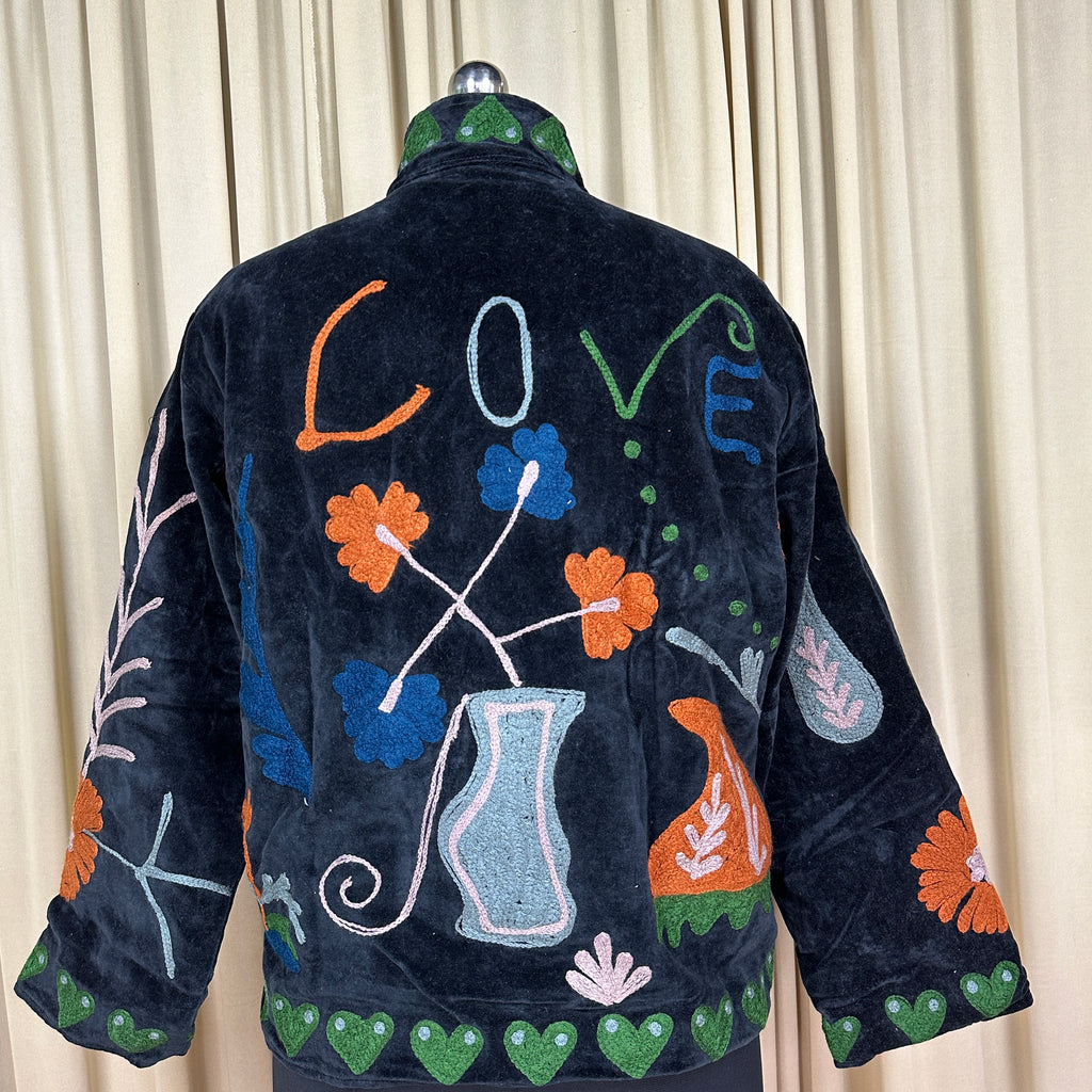 Women's Suzani embroidered Velvet Jacket in black floral