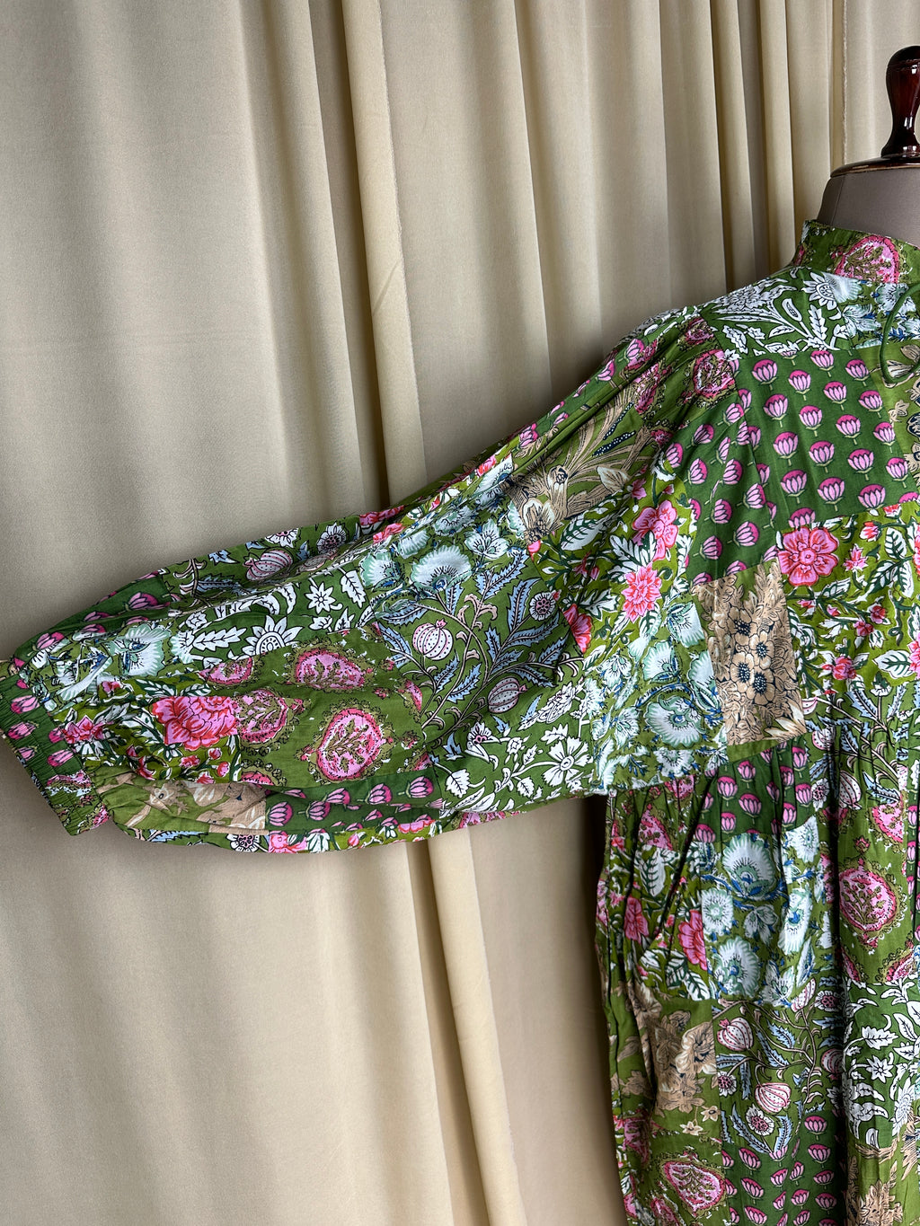 block-printed Cotton Patchwork Dress in green