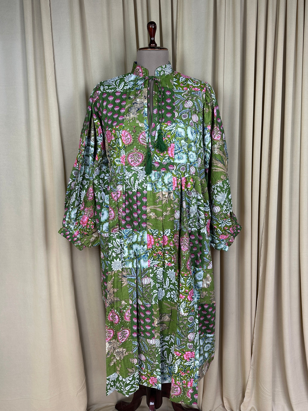 block-printed Cotton Patchwork Dress in green