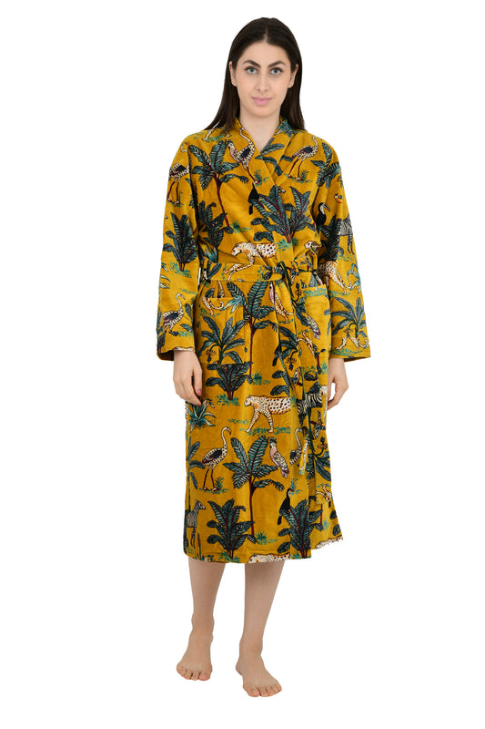 Velvet Kimono Robe: Reversible Silk Lined, Highland Yellow Safari Print