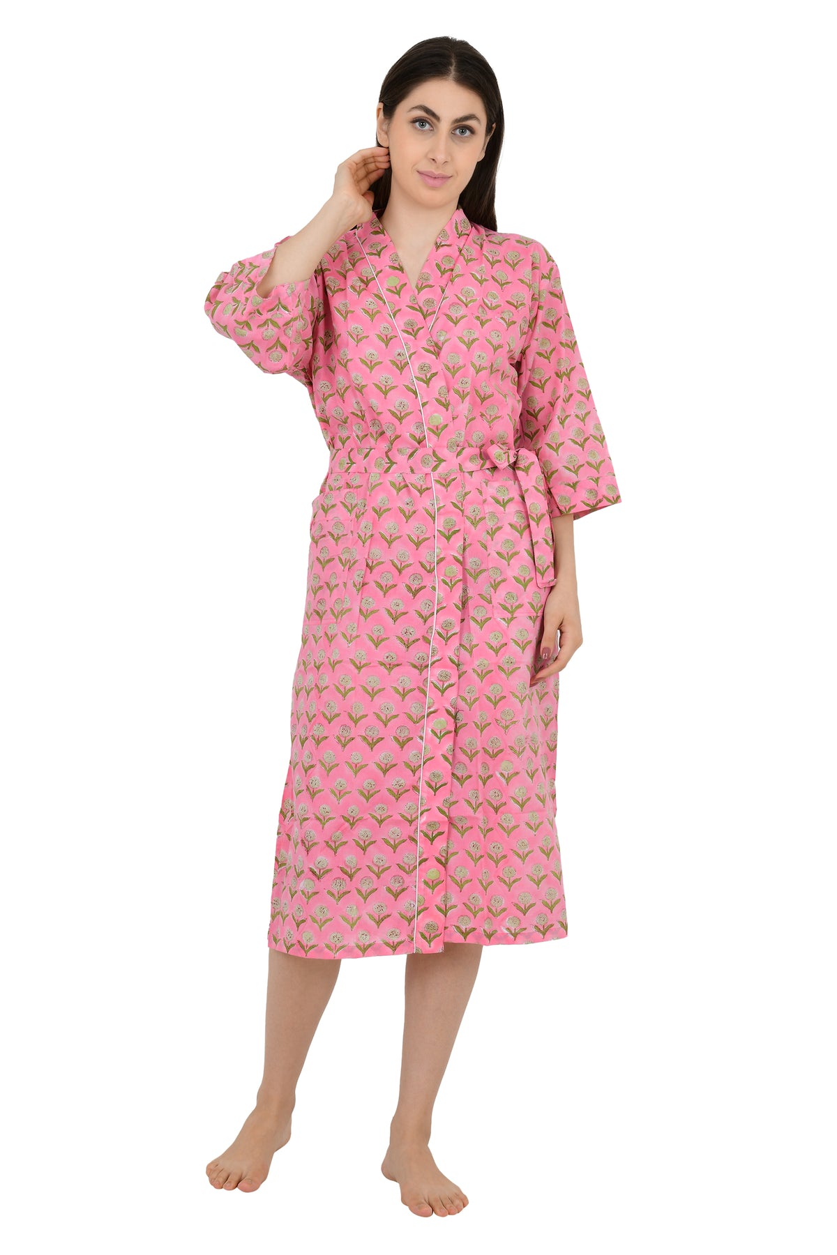 Boho Hausrobe, indischer handbedruckter Baumwoll-Kimono, rosa/gelb geblümt | Perfekt für den Sommer, Luxus-Strandurlaub, Yacht-Überzug, atemberaubendes Kleid