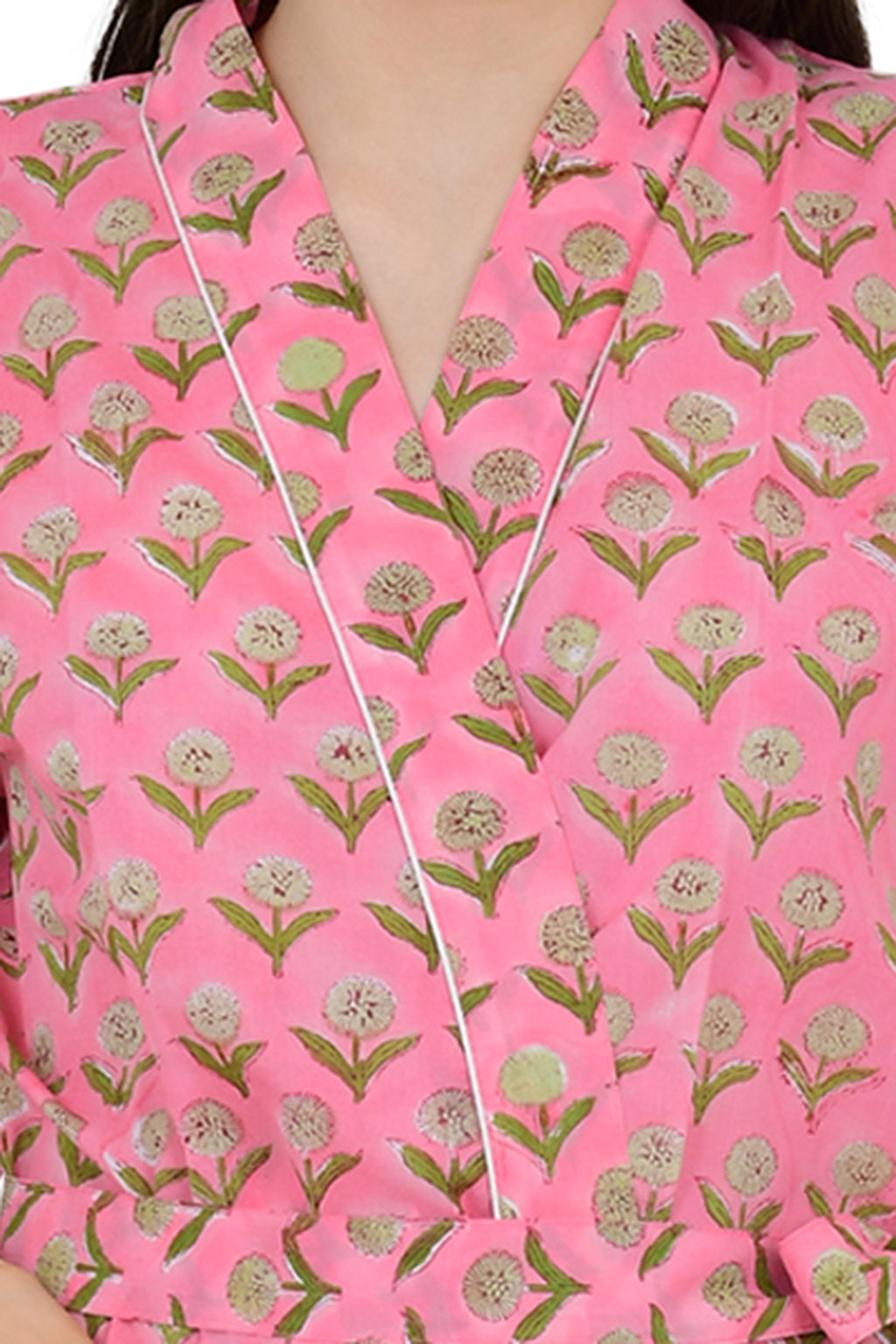 block-printed Cotton Kimono Robe in pink yellow floral