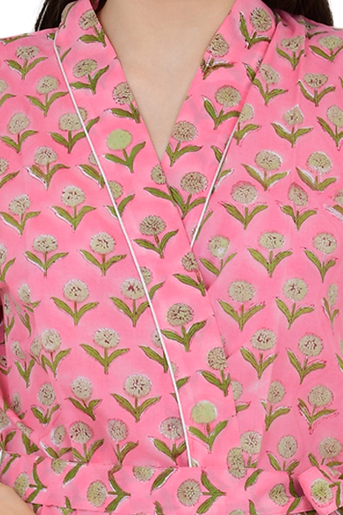 Boho Hausrobe, indischer handbedruckter Baumwoll-Kimono, rosa/gelb geblümt | Perfekt für den Sommer, Luxus-Strandurlaub, Yacht-Überzug, atemberaubendes Kleid