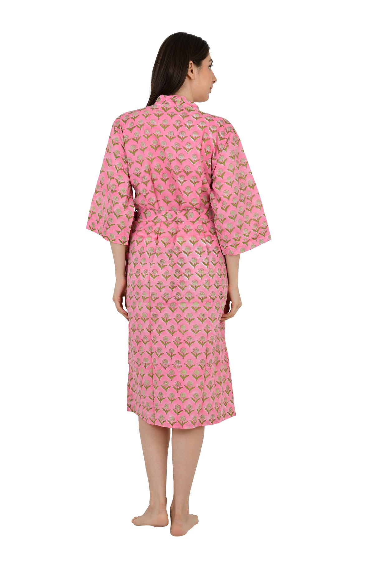 Boho Hausrobe, indischer handbedruckter Baumwoll-Kimono, rosa/gelb geblümt | Perfekt für den Sommer, Luxus-Strandurlaub, Yacht-Überzug, atemberaubendes Kleid