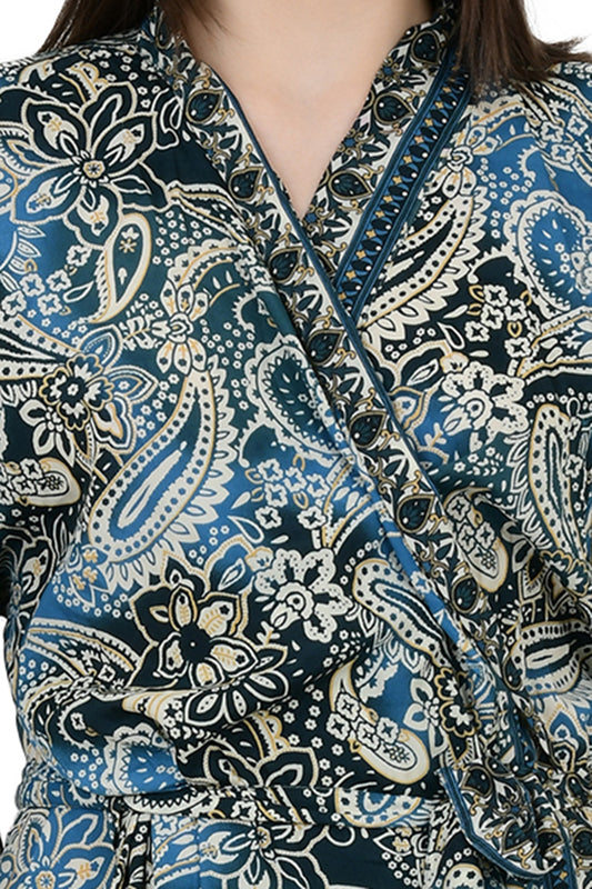 Silk Blend Kimono Robe: Floral Print Long Dressing Gown