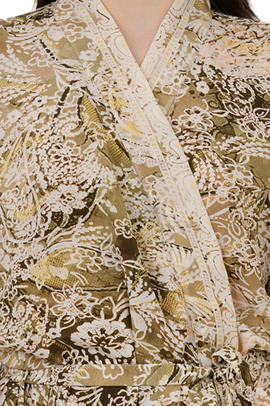 Bohemian New Silk Sari Kimono Women Regal House Beach Robe | Beige Brown Floral Luxury Anniversary Birthday Gift For Her