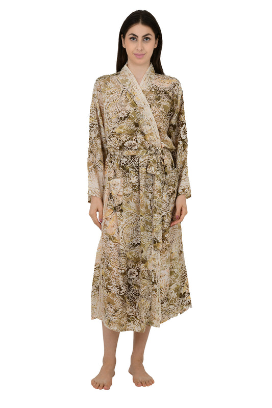 Bohemian New Silk Sari Kimono Women Regal House Beach Robe | Beige Brown Floral Luxury Anniversary Birthday Gift For Her