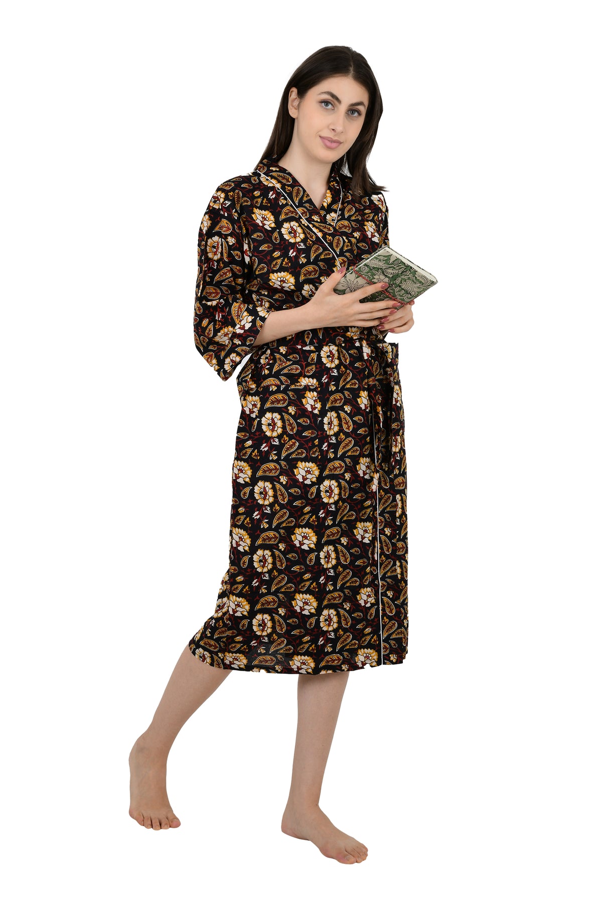 Reiner Baumwoll-Kimono, indischer handbedruckter Boho-Hausmantel, Sommerkleid, schwarzer Safran, Blumen, botanischer Garten, Strandüberzug, Umstandsmode, Mama, Braut