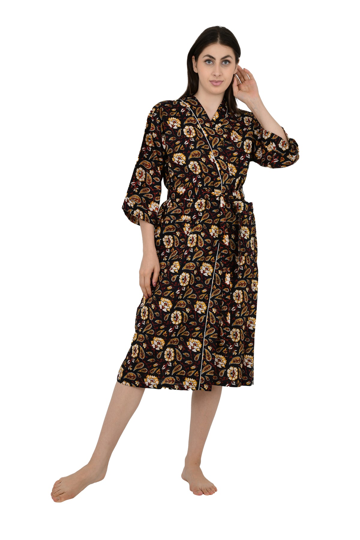Reiner Baumwoll-Kimono, indischer handbedruckter Boho-Hausmantel, Sommerkleid, schwarzer Safran, Blumen, botanischer Garten, Strandüberzug, Umstandsmode, Mama, Braut