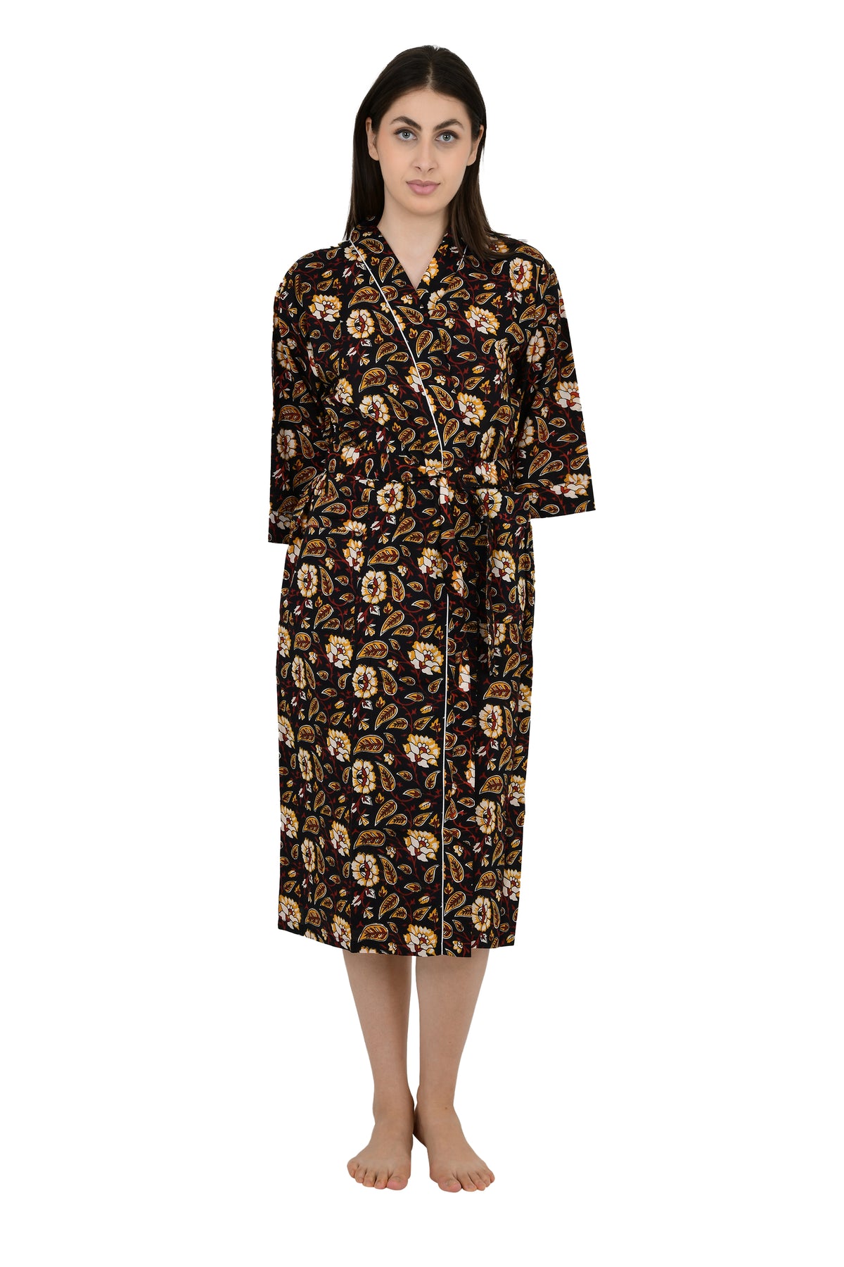 Women's block-printed Cotton Kimono Robe in black saffron floral