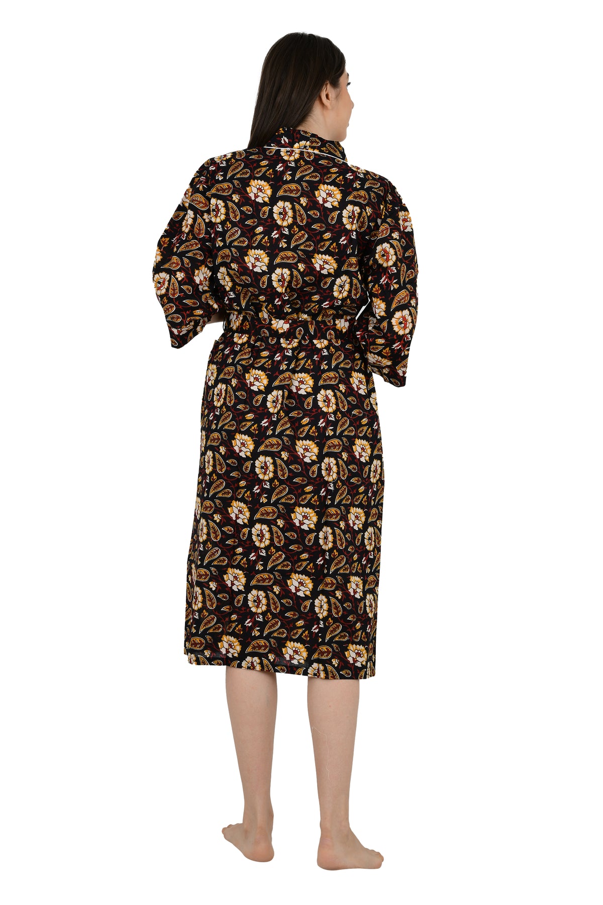 Reiner Baumwoll-Kimono, indischer handbedruckter Boho-Hausmantel, Sommerkleid, schwarzer Safran, Blumen, botanischer Garten, Strandüberzug, Umstandsmode, Mama, Braut