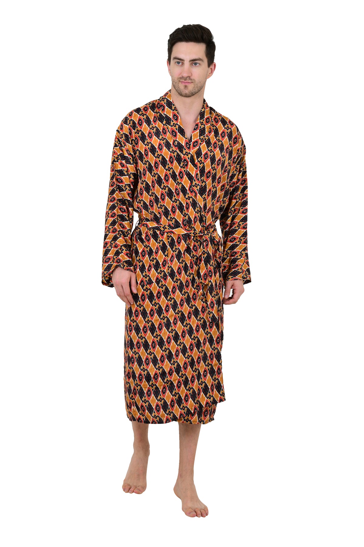 Men's Silk Kimono Robe in yellow black ikat