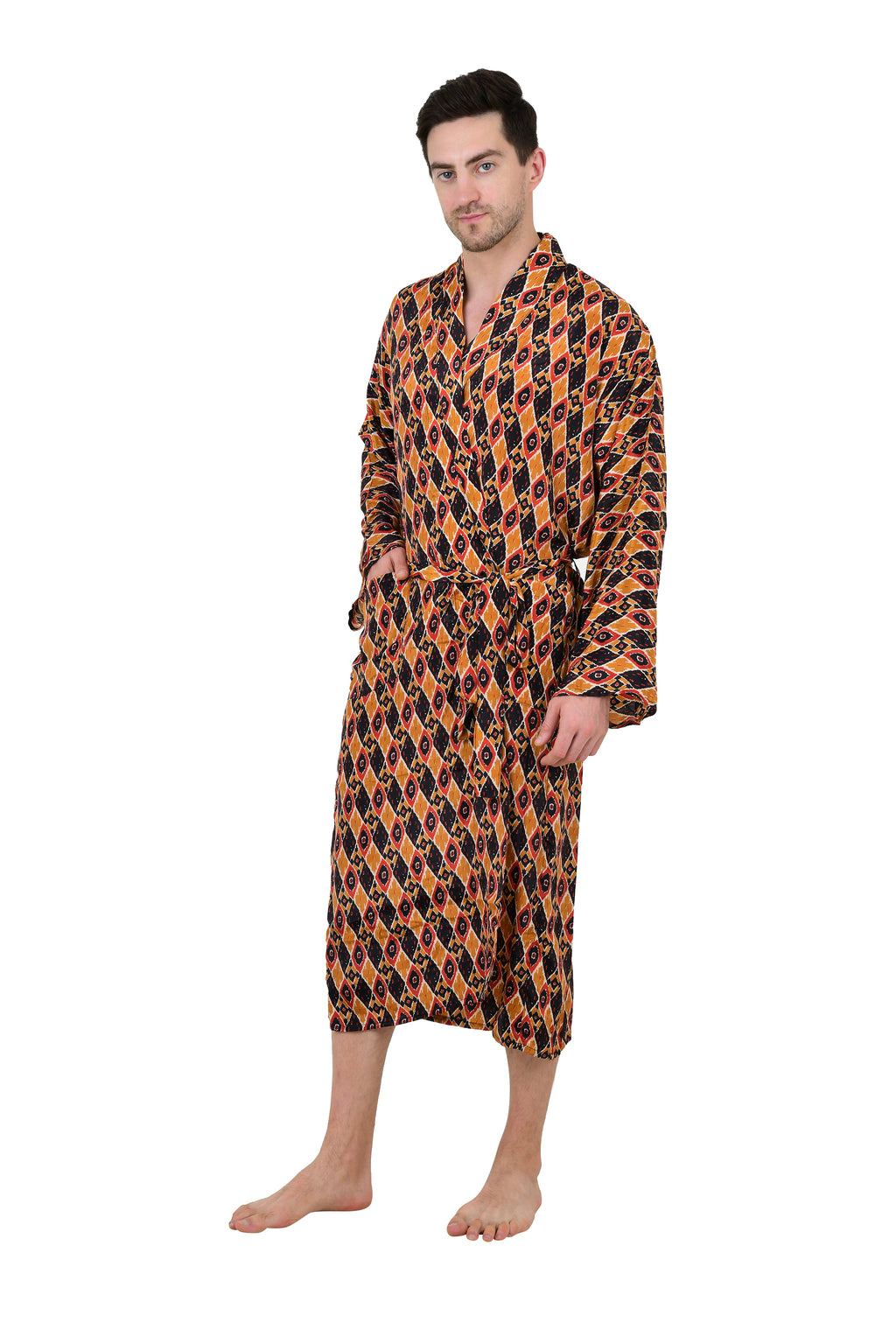 Men's Silk Kimono Robe in yellow black ikat