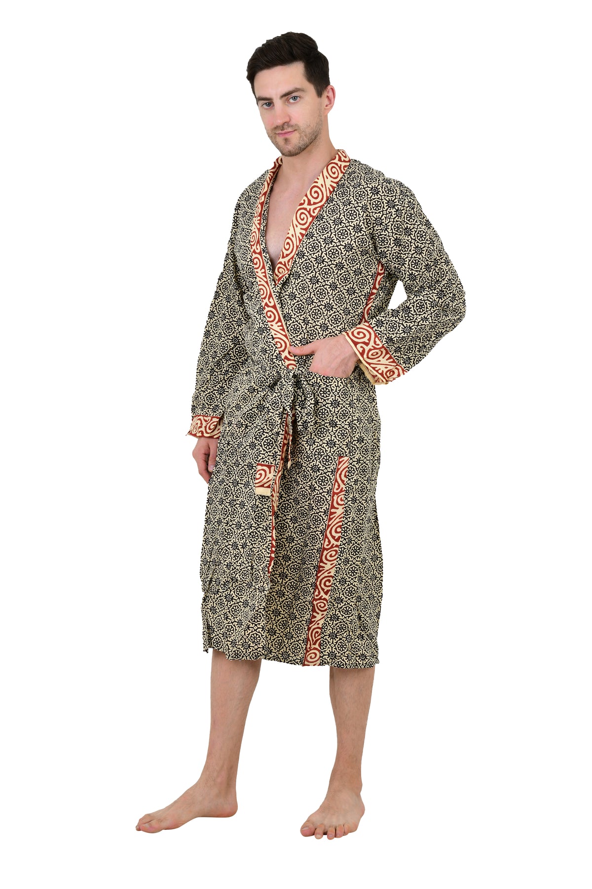 Pure Cotton Handblock Men Kimono | Indian Printed Man House Robe, Boho Beach Coverup Dressing Gown, Lightweight Loungewear, Gift For Him Dad