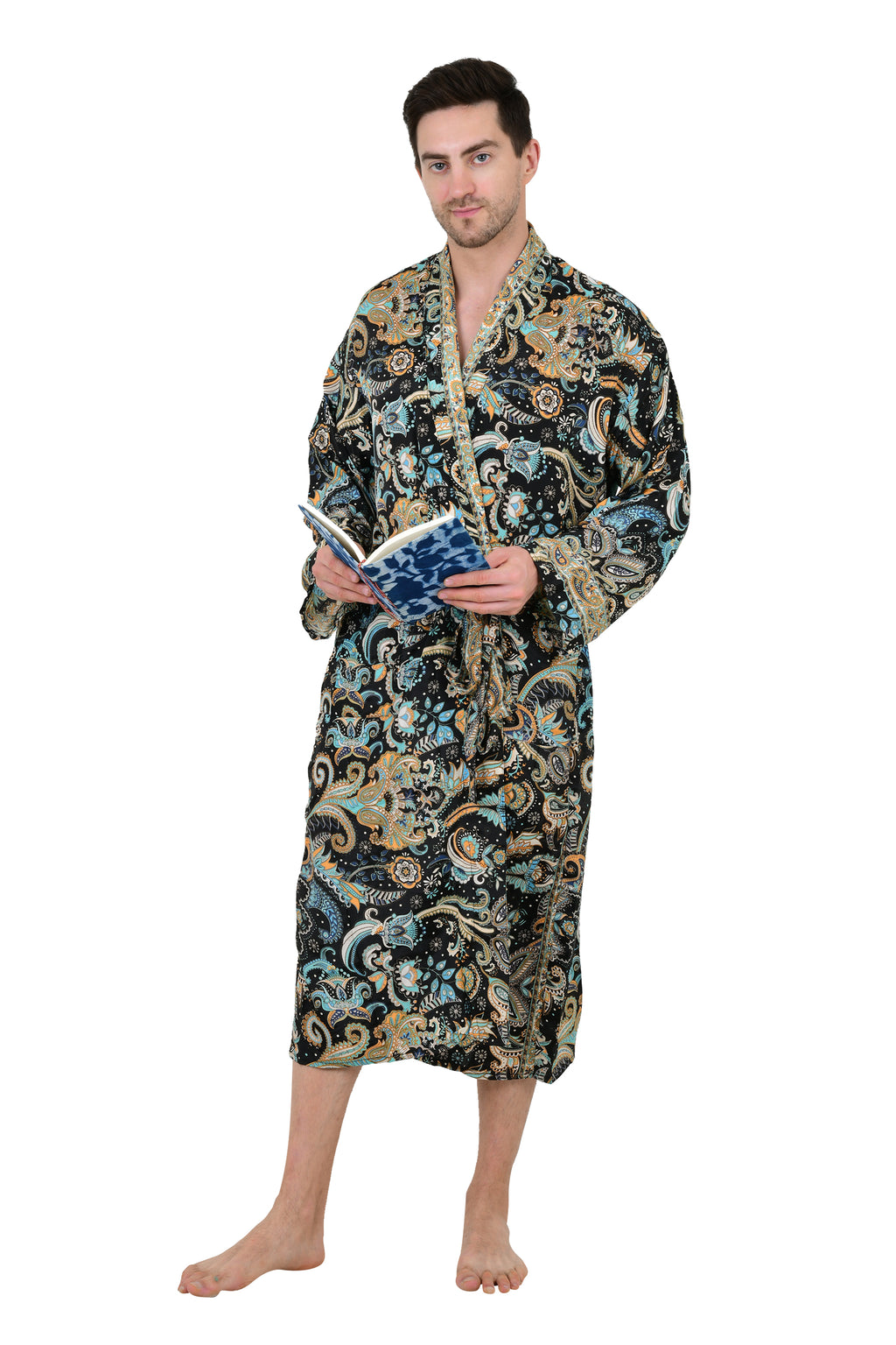 Men's Silk Kimono Robe in black blue floral