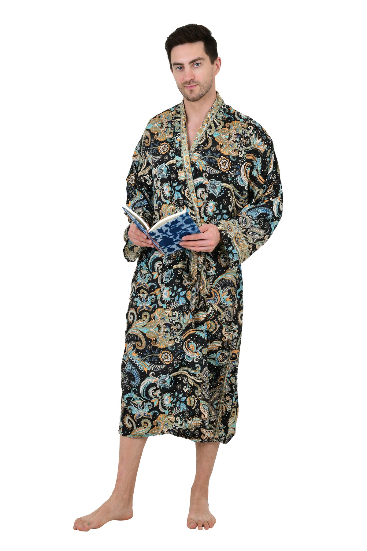 Men's Silk Kimono Robe in black blue floral