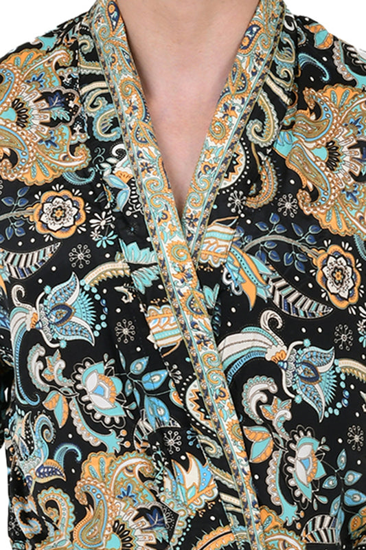 Boho Men's Soft Silk Kimono, Man Regal House Beach Robe, Persian King Floral Elegant Black Blue Hues