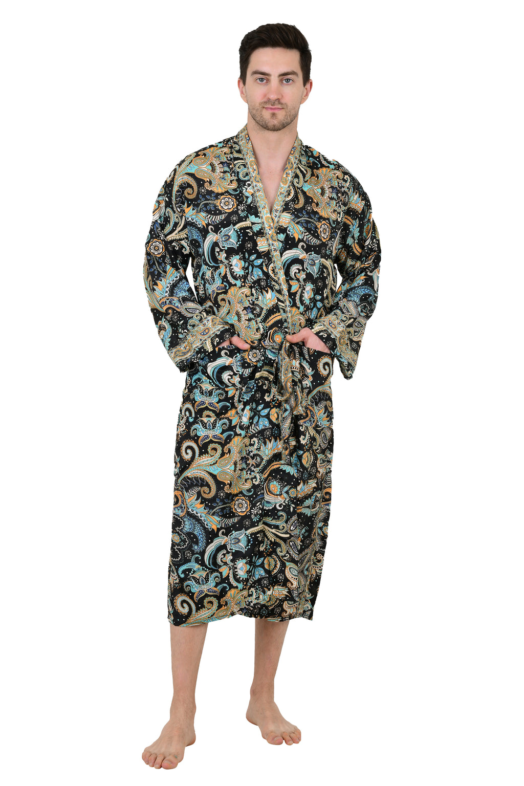 Men's Silk Kimono Robe in black blue floral