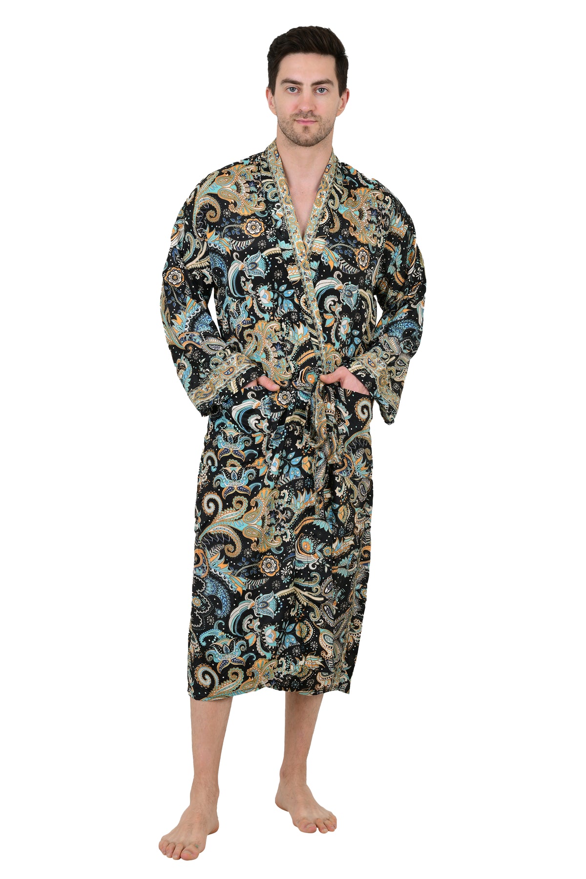 Men's Silk Kimono Robe in black blue floral