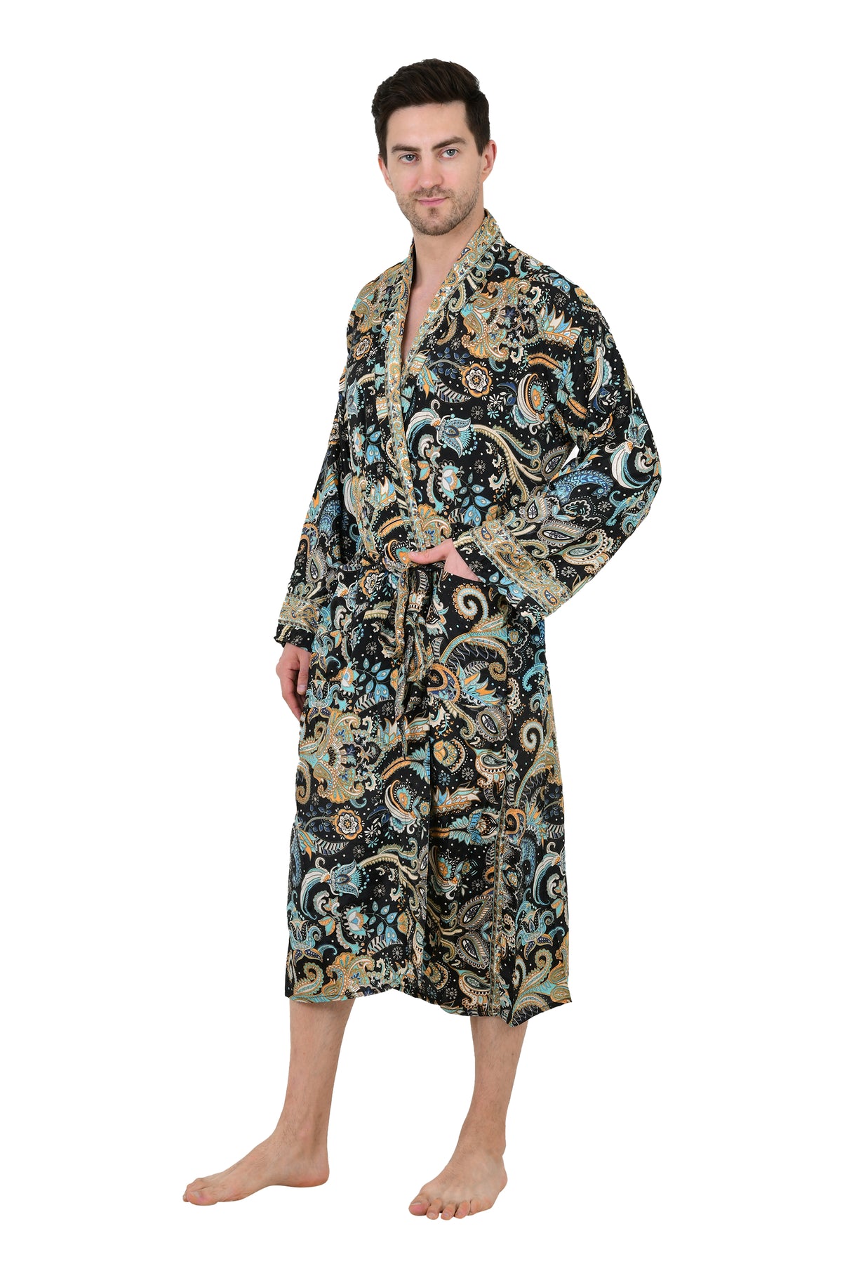 Men's Silk Kimono Robe in black blue floral
