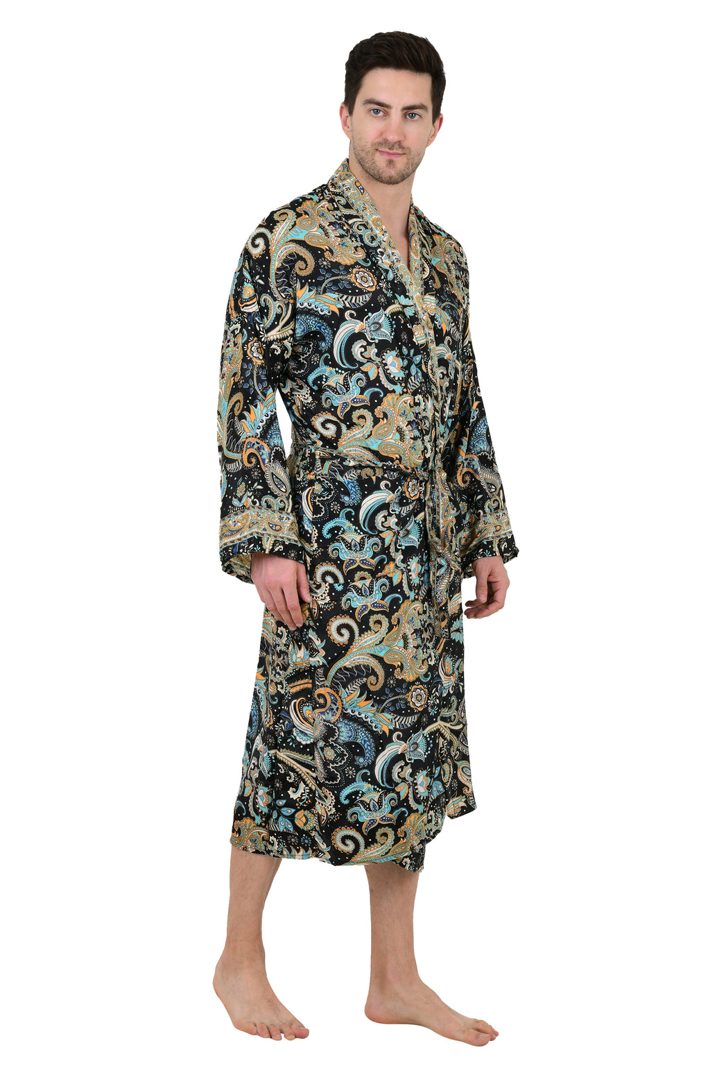 Men's Silk Kimono Robe in black blue floral