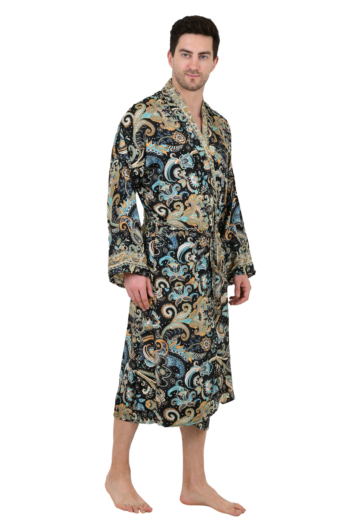 Men's Silk Kimono Robe in black blue floral