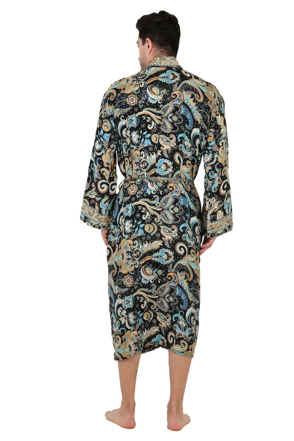 Men's Silk Kimono Robe in black blue floral