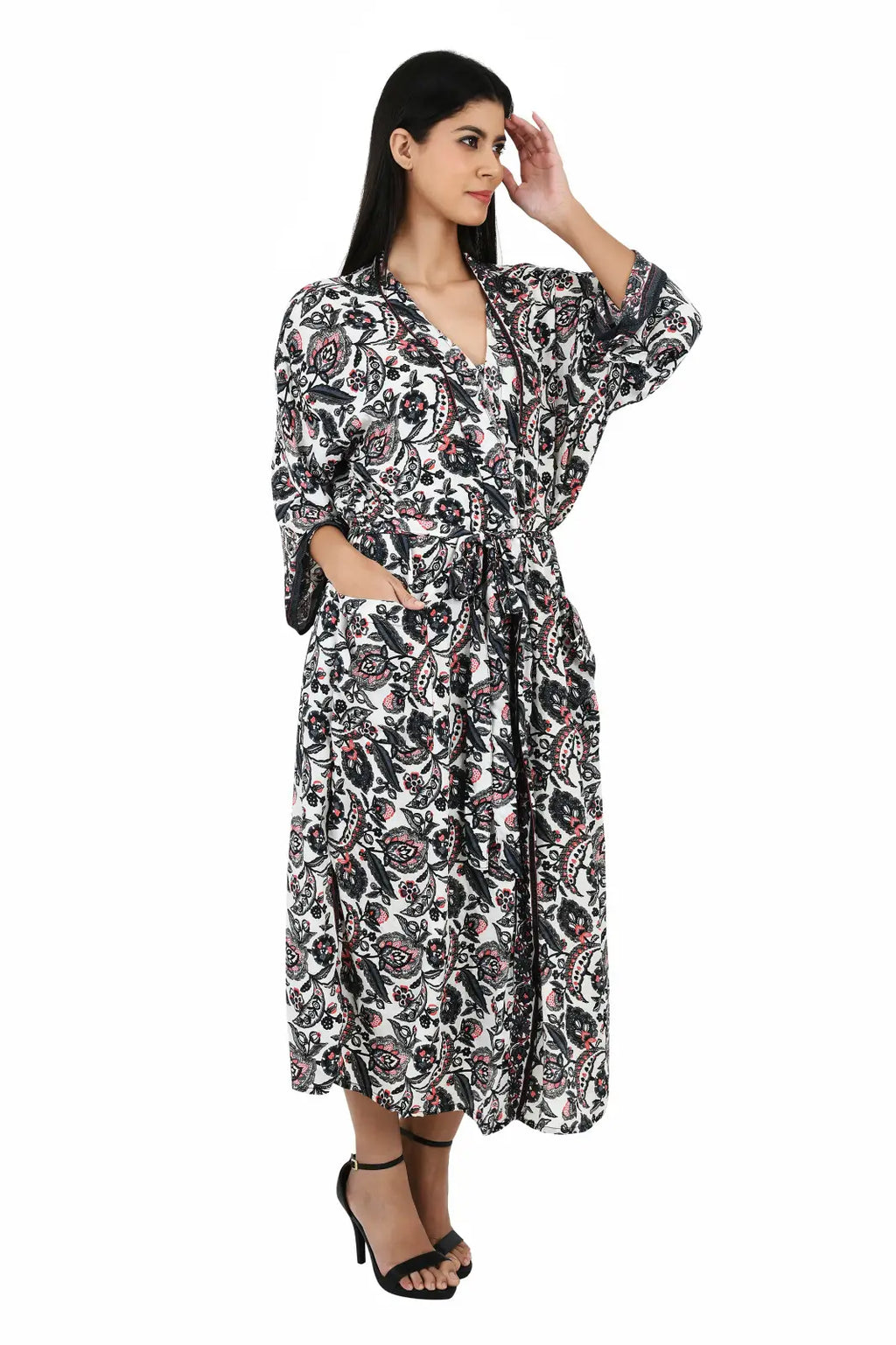 Silk Sari Women Kimono Cami Set | One Size White  Black Floral Print