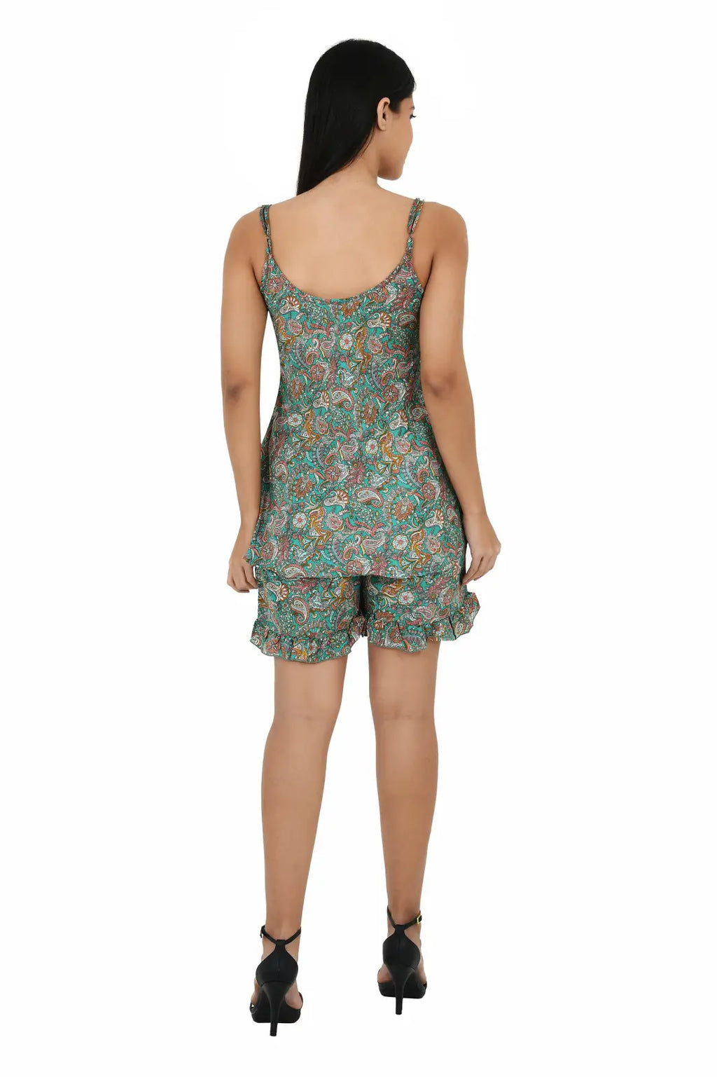 Women's Silk Kimono & Cami Set in green pink paisley