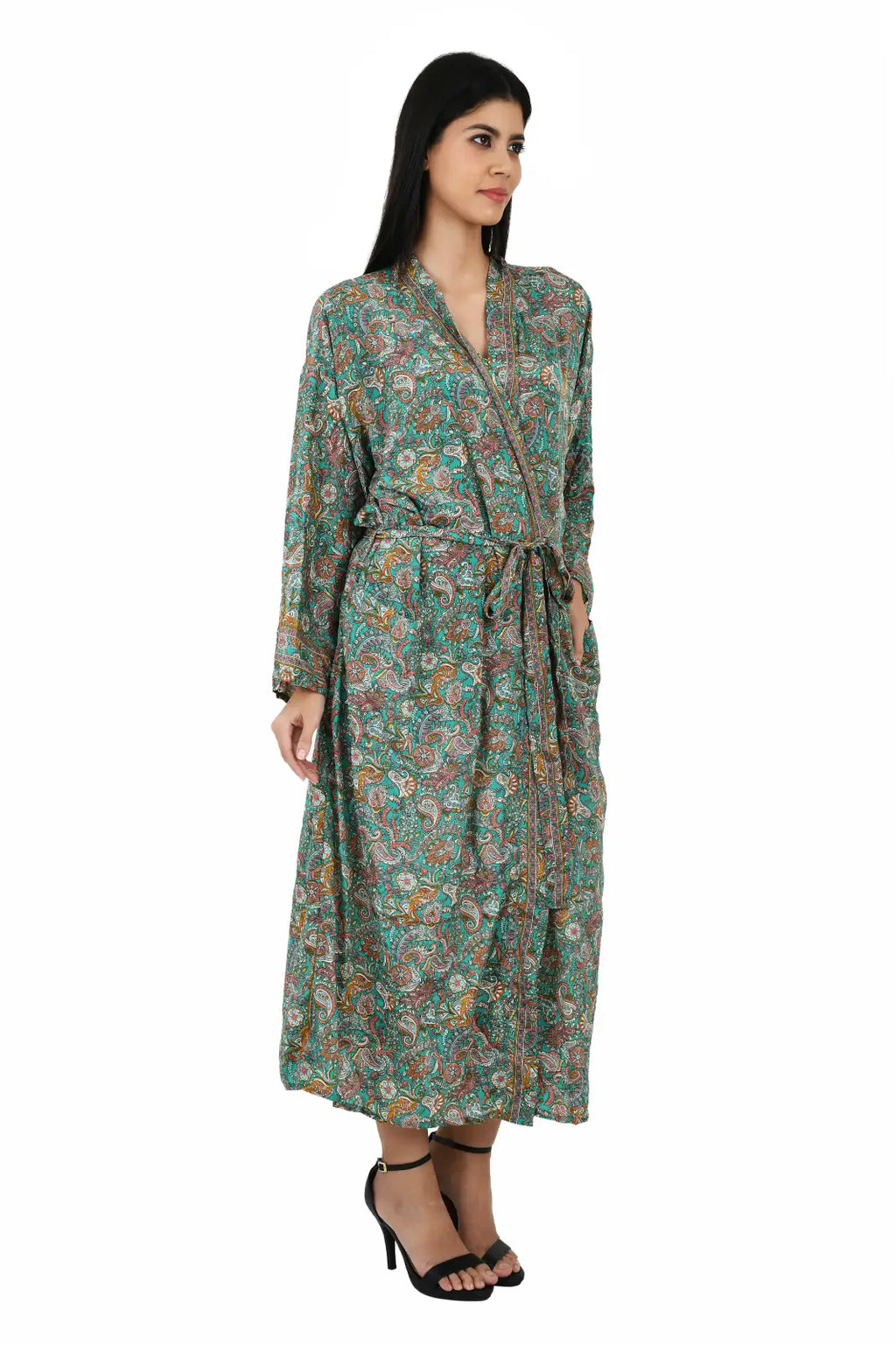 Women's Silk Kimono & Cami Set in green pink paisley