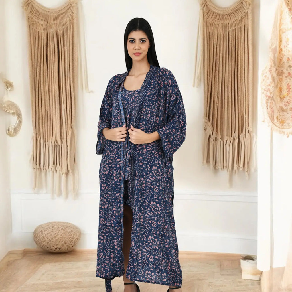 Women's Silk Kimono & Cami Set in blue pink floral
