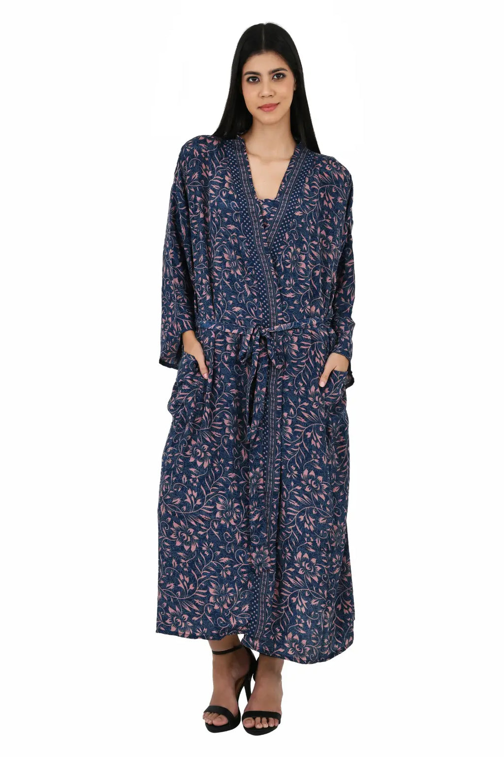 Women's Silk Kimono & Cami Set in blue pink floral