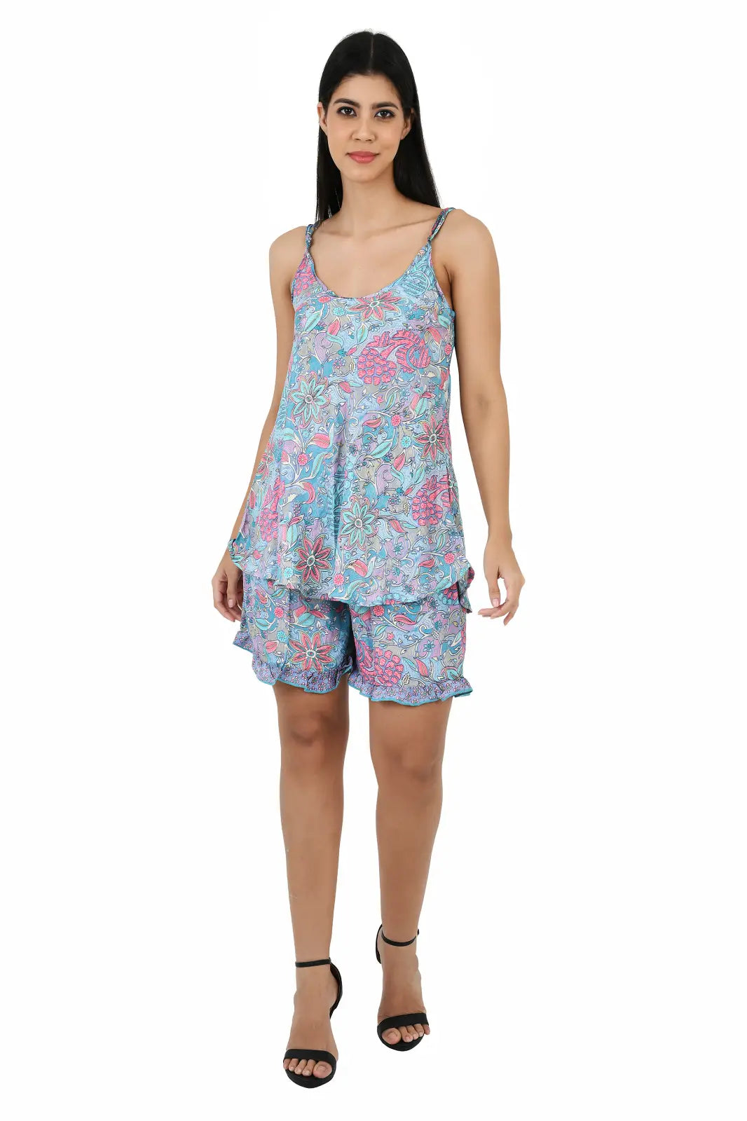 Silk Sari Women Kimono Cami Set | One Size Pastel Blue Pink Floral Lounge Wear