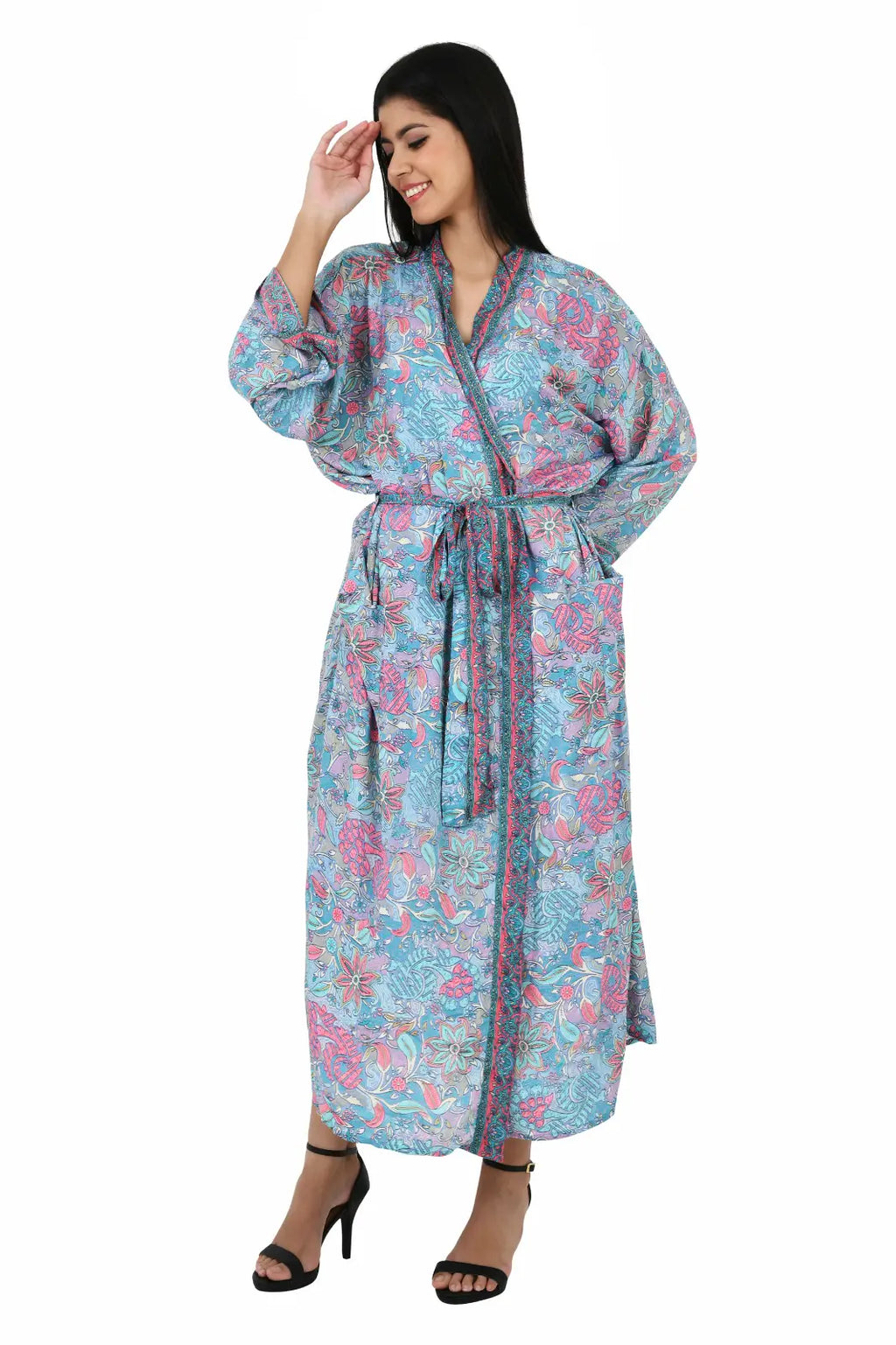 Women's Silk Kimono & Cami Set in blue pink floral