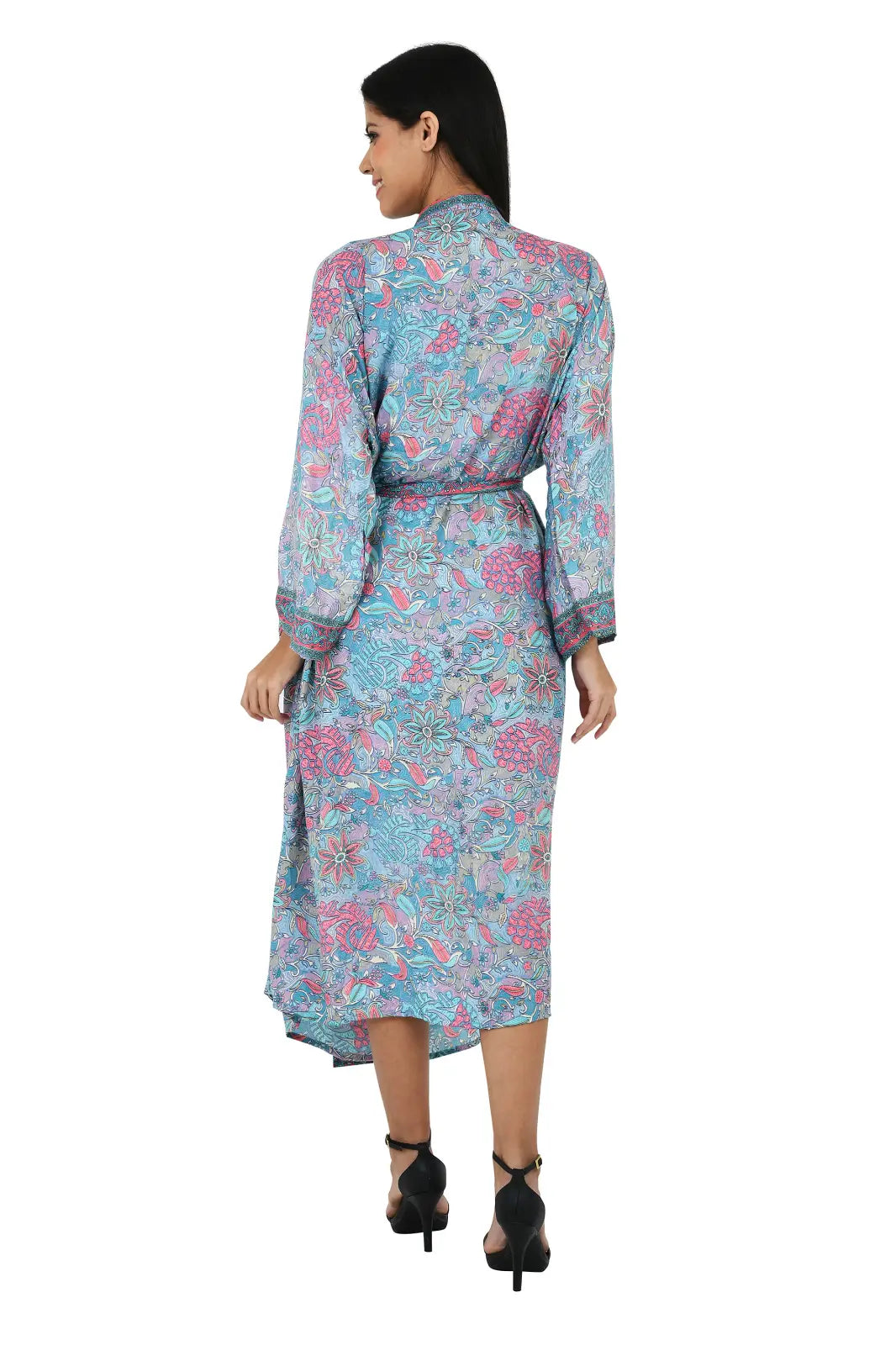 Silk Sari Women Kimono Cami Set | One Size Pastel Blue Pink Floral Lounge Wear