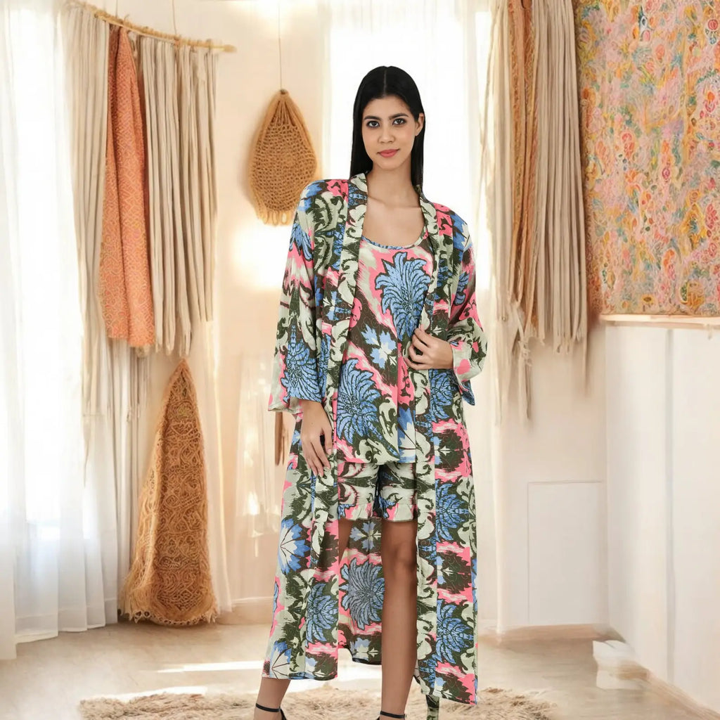 Women's Silk Kimono & Cami Set in ivory pink floral