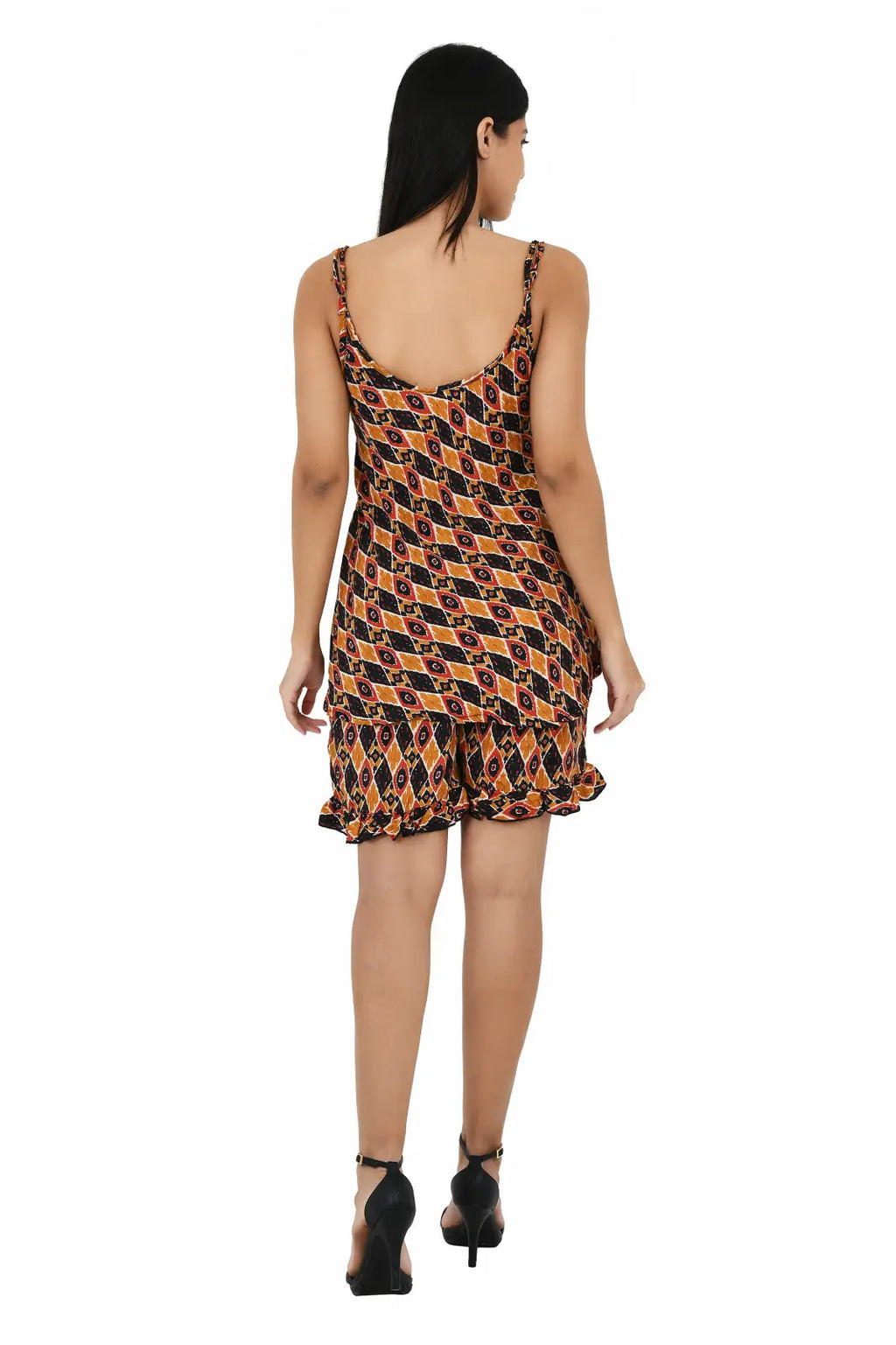 Women's Silk Kimono & Cami Set in brown black geometric