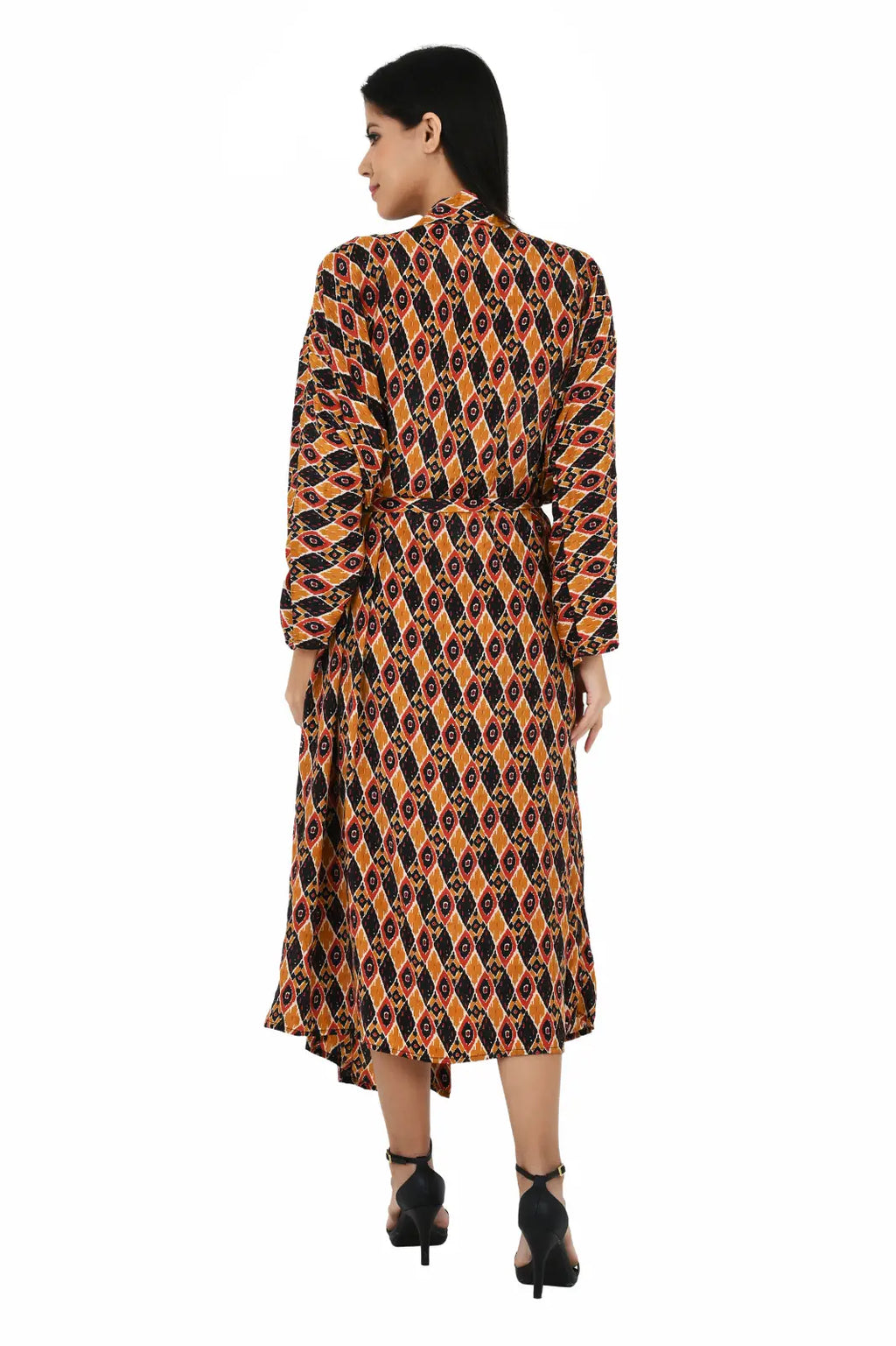 Women's Silk Kimono & Cami Set in brown black geometric
