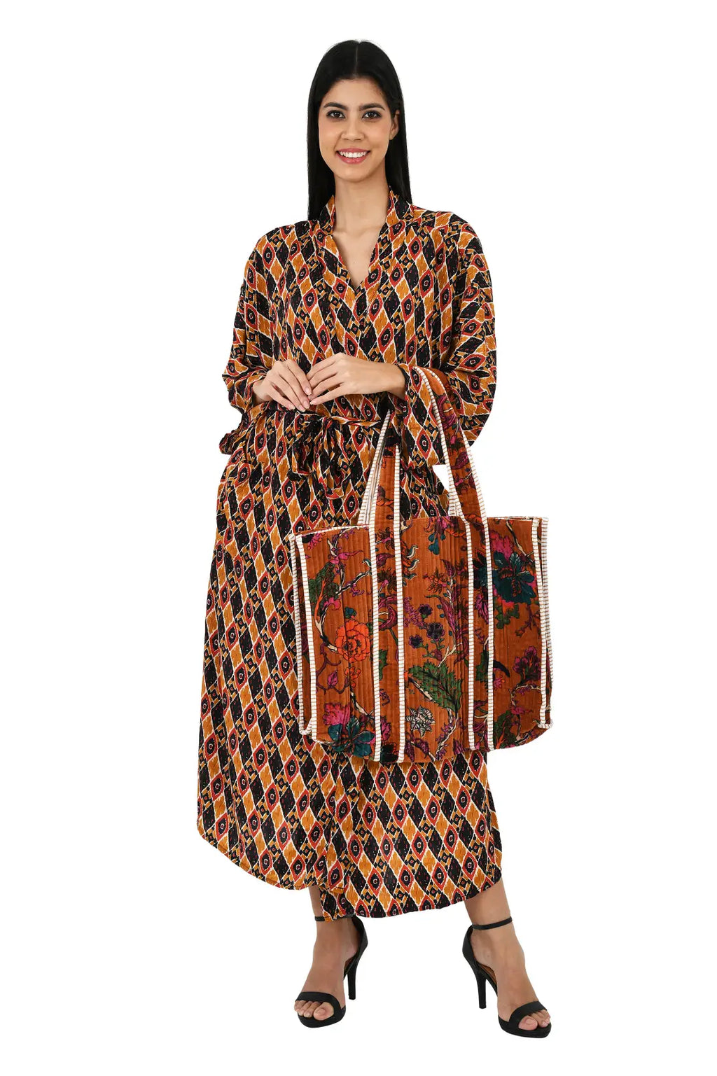 Women's Silk Kimono & Cami Set in brown black geometric