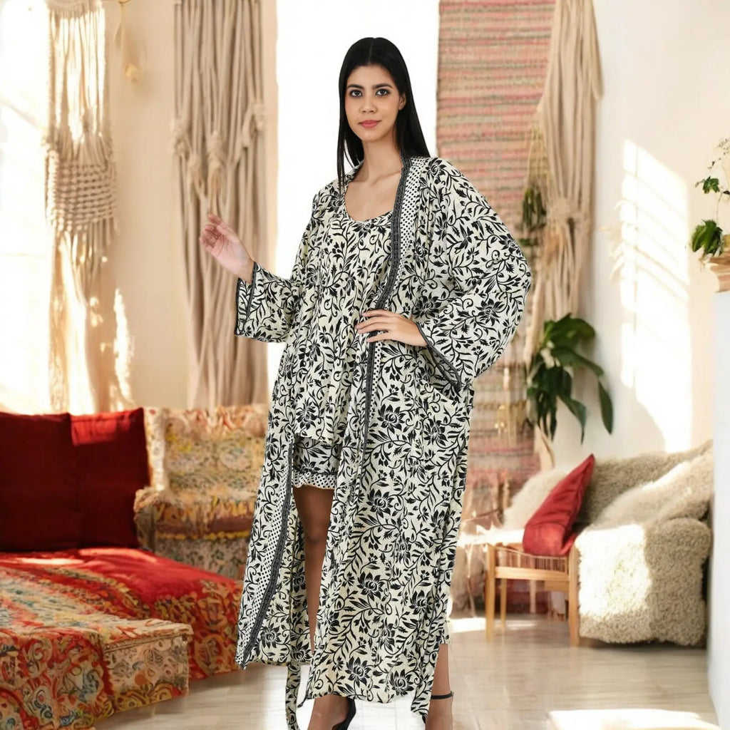 Women's Silk Kimono & Cami Set in ivory black floral