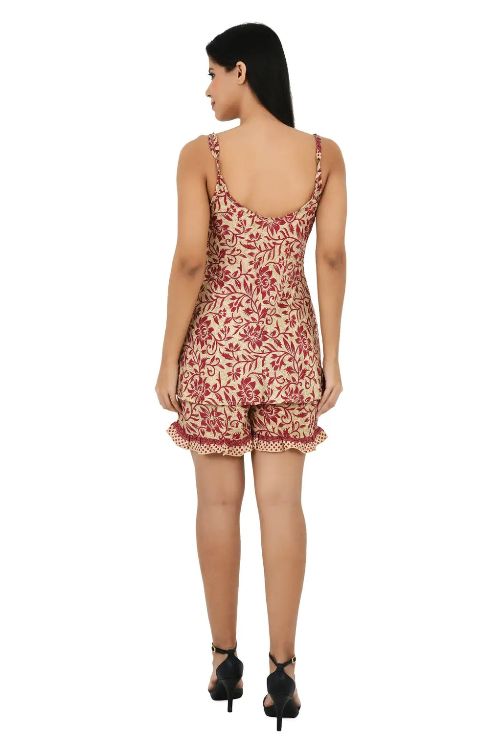 Women's Silk Kimono & Cami Set in beige red floral