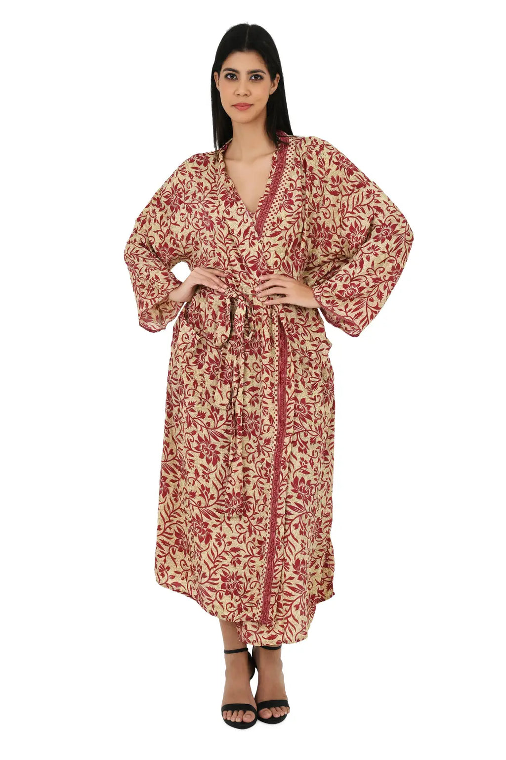 Women's Silk Kimono & Cami Set in beige red floral
