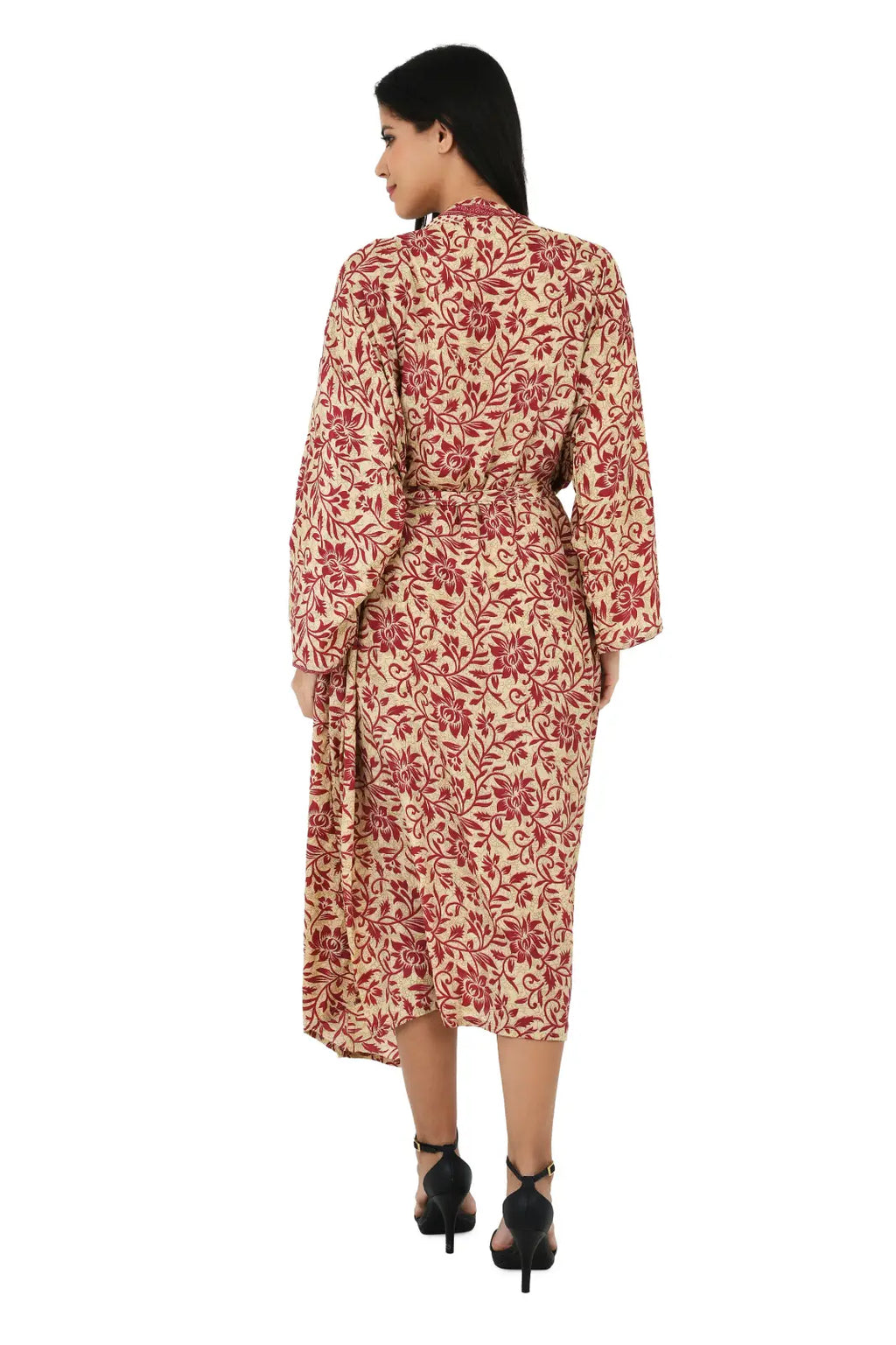 Women's Silk Kimono & Cami Set in beige red floral