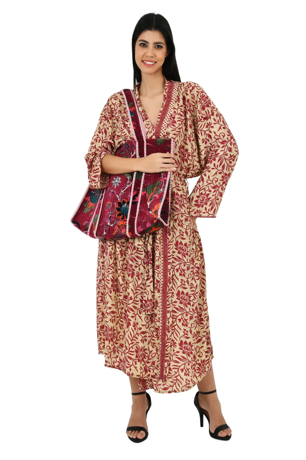 Women's Silk Kimono & Cami Set in beige red floral