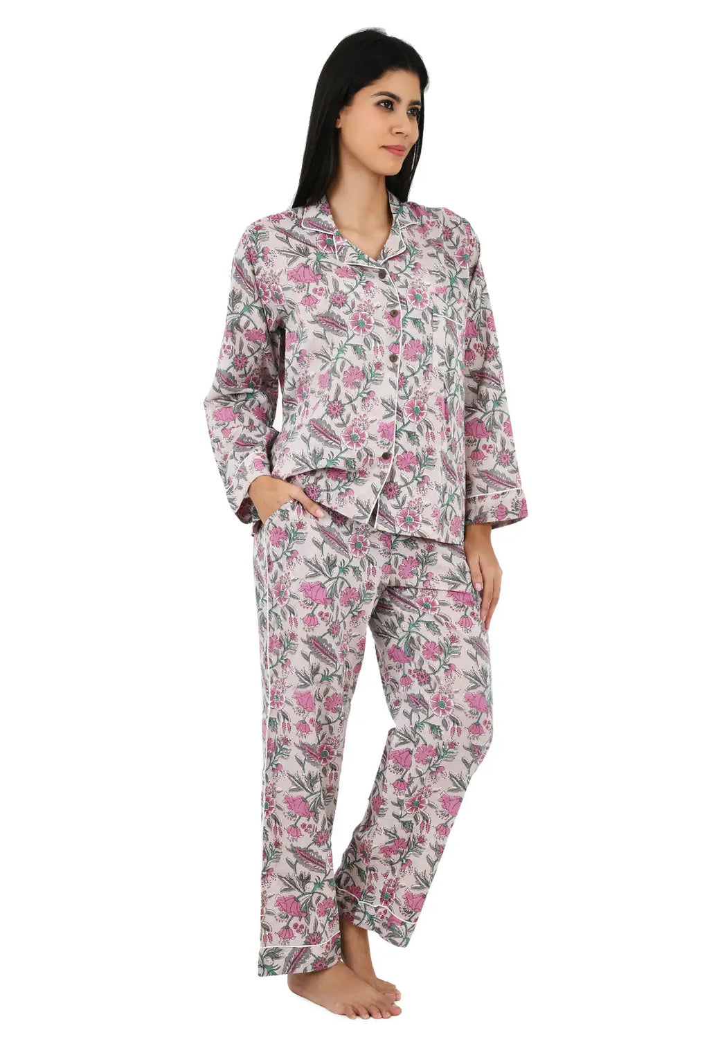 Pyjama-Set aus reiner Baumwolle, Nachthemd, Panama, handbedruckt, Nachtwäsche, Frühlings-Loungewear, luxuriöses, bequemes Schlafset mit Lotusblumenstreifen für den Sommer