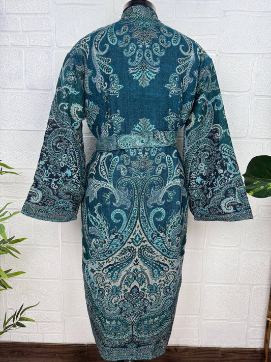 Handmade Merino Wool Kimono Robe: Paisley Floral Green Jacket